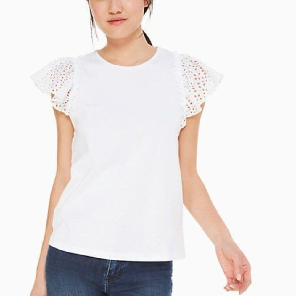 Kate Spade Eyelet Mixed Media Tee In White - Picture 1 of 6